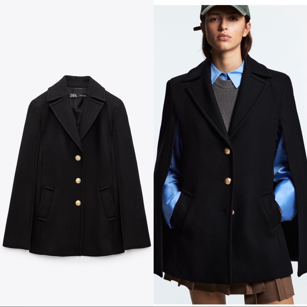 Zara Black Cape Coat Gold Buttons Large